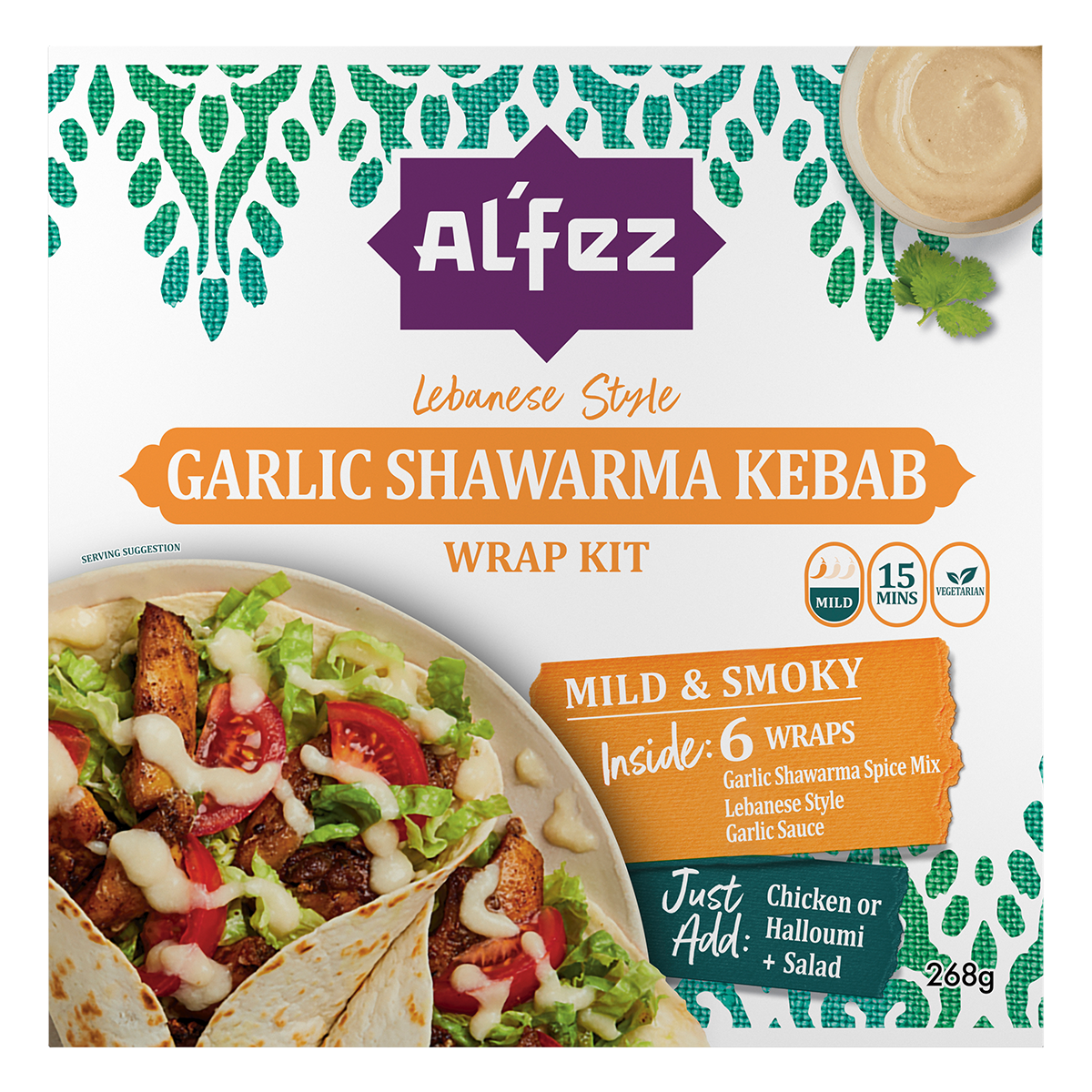 Garlic Shawarma Kebab Wrap Kit by Al'Fez If you are looking for one of the most iconic Middle Eastern street foods, you can’t go wrong with Shawarma. Meat is coated in a fragrant yet earthy spice mix and tightly packed onto a vertical skewer to slow cook over an open fire. Once carved, it’s crispy on the outside and deliciously juicy on the inside!